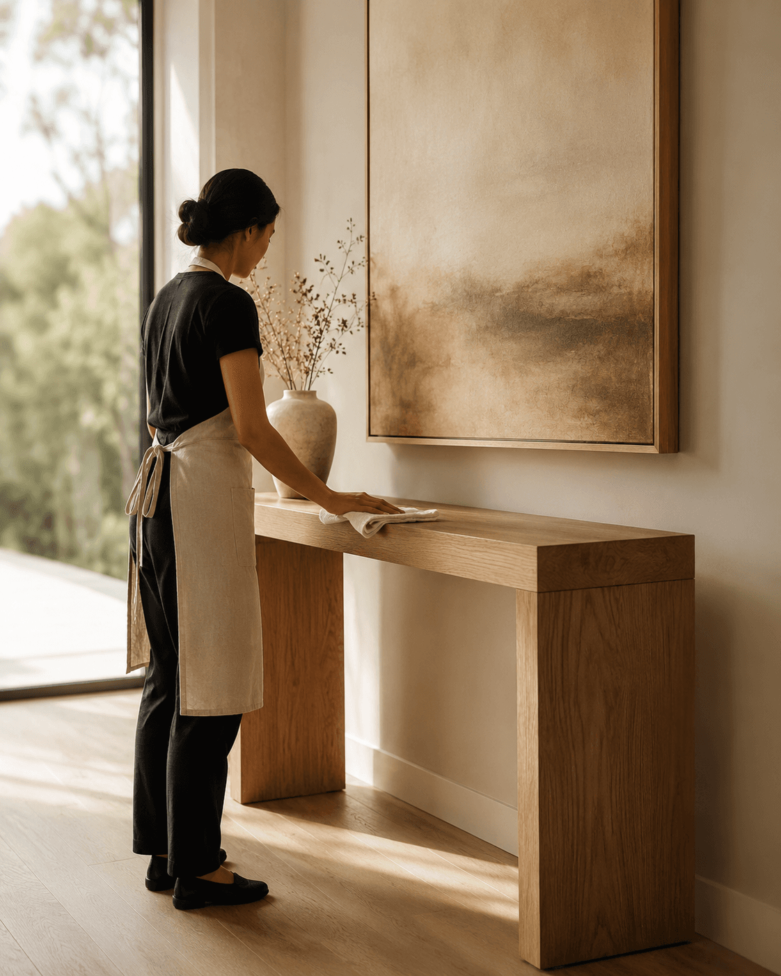 An AV Cleaning Solution team member quietly polishing a modern oak console — the considered care behind every visit